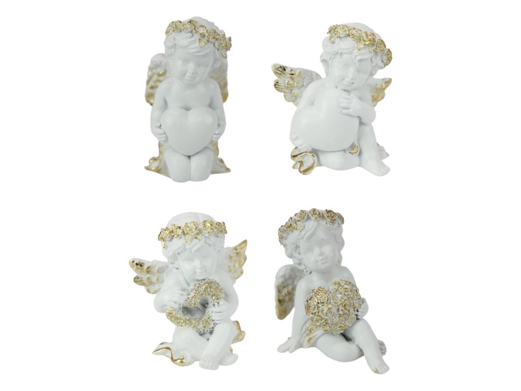 7cm White & Gold Cherub Holding Heart with Gold Glitter Finish 4 Asstd